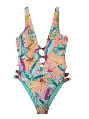 bar III Tropical Leaf Print Cut-Out Plunge One-Piece Swimsuit